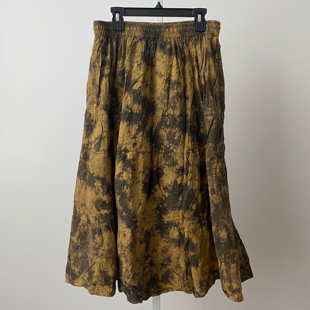 Cotton Boho Lagenlook Earth Colors Tie Dye Beaded Midi Skirt S Brown - Picture 4 of 5